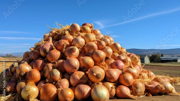 Fototapeta A pile of fresh onions harvested from the fields on the farm.