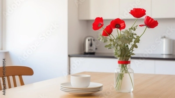 Fototapeta  a vase of red flowers sitting on a table next to a plate.  generative ai