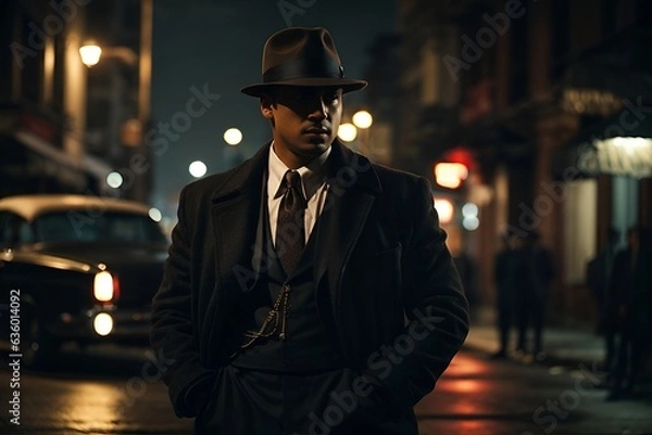Fototapeta A mysterious man in a suit and hat standing on a dimly lit street at night