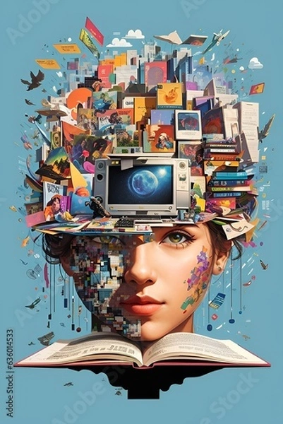Fototapeta A woman balancing a book and a laptop on her head