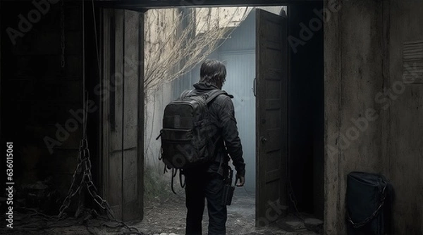 Fototapeta A man entering a doorway with a backpack