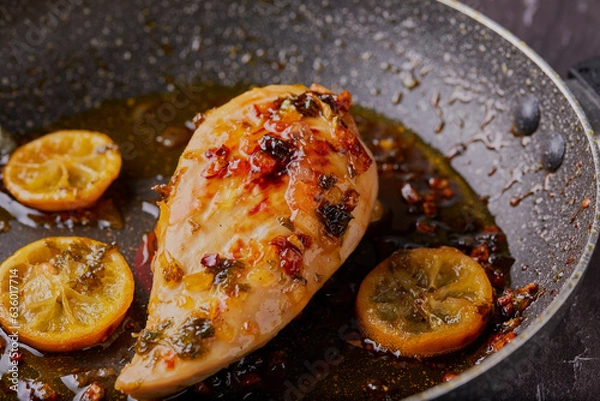 Obraz Lemon and honey pan cooked chicken breast with onions herbs and garlic,resting in the pan with the juices.