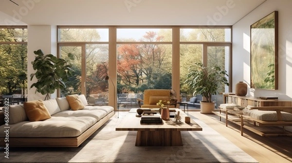 Fototapeta  a living room filled with furniture and a large glass window.  generative ai