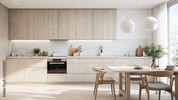 Fototapeta  a kitchen with a table, chairs, and a stove.  generative ai