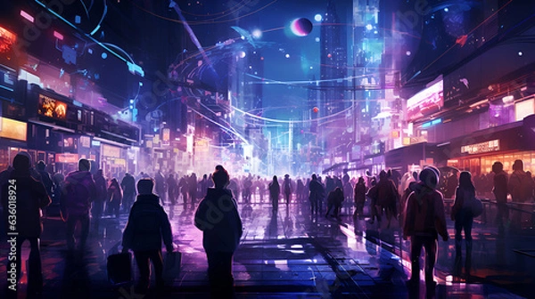 Fototapeta Integration of AI and human interaction, set in a bustling cityscape. Vibrant neon lights illuminate the streets, showcasing a diverse array of people engaged in dynamic conversations .