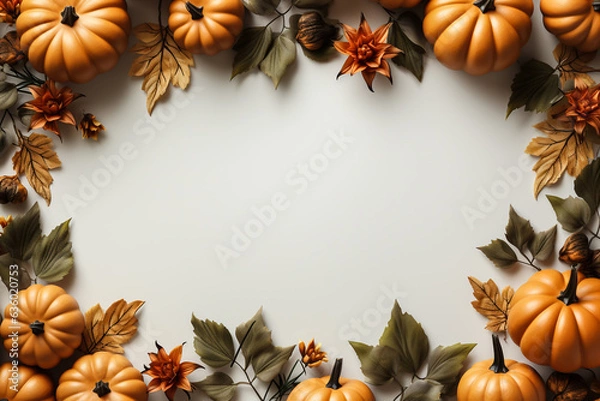 Fototapeta Halloween background concept. Autumn leaves and Halloween pumpkins on white background high angle view. Autumn concept frame.