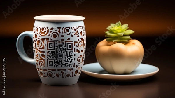 Obraz Coffee cup with minimalist design, featuring an engraved QR code, the modern touch to effortless transactions, generative AI