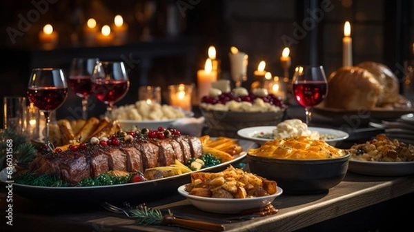 Fototapeta 
Christmas dinner table full of dishes with food and snacks. New Year's decor in the background. The table is decorated with spruce branches, lights of garlands, French Provence style