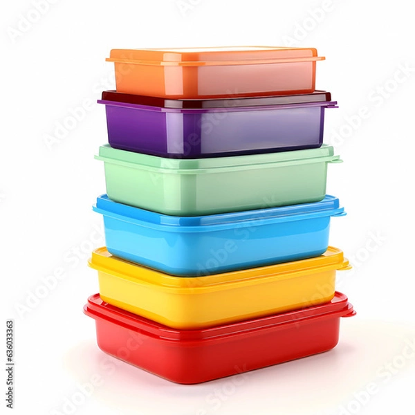 Fototapeta Stack of different plastic boxes on white background