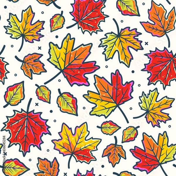 Fototapeta Autumn vibes - cartoon seamless pattern of cute fall of leaves