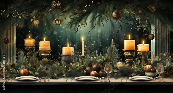 Fototapeta Table setting for a New Year's feast, Glasses and plates for a romantic dinner, a festive atmosphere with garlands and Christmas tree branches. Decor in the Provencal style for the holiday