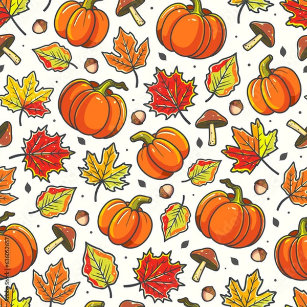 Fototapeta Autumn vibes - seamless pattern of cute pumpkins, fresh mushrooms and colorful fallen leaves