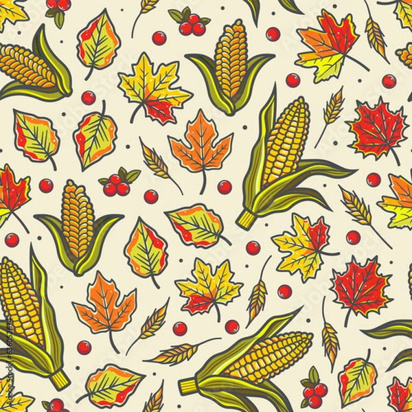 Fototapeta Autumn vibes - seamless pattern of reach fresh harvest and fallen leaves