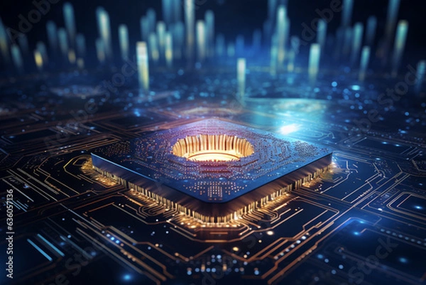 Fototapeta 3d quantum electronic circuit board with processor background