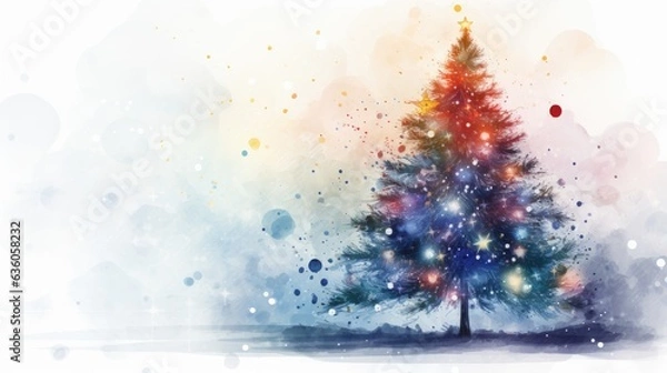 Fototapeta watercolor Christmas Tree With Baubles And Blurred Shiny Lights banner with text space forest christmas tree watercolor