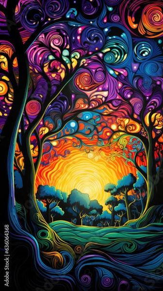 Fototapeta A fantastical abstract landscape of interwoven shapes in bright colors with s and swirls of black UV Abstract wallpaper backgroun