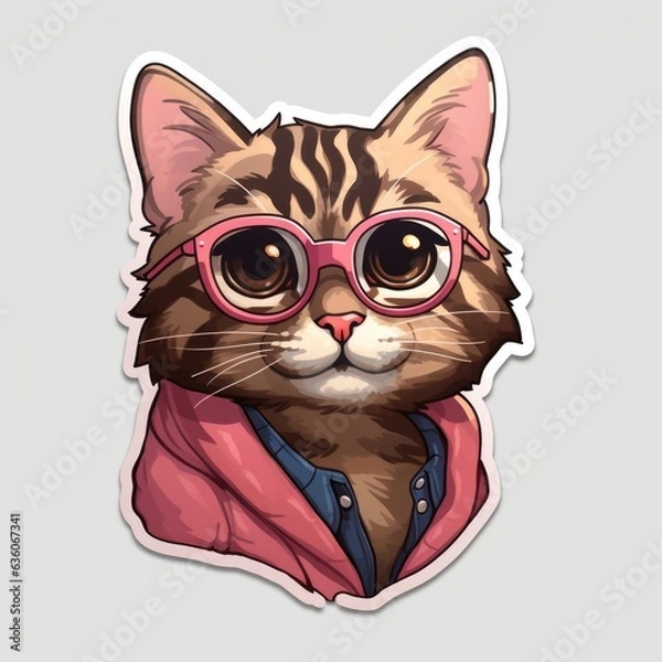 Fototapeta A sticker of a cat wearing glasses. Digital image.