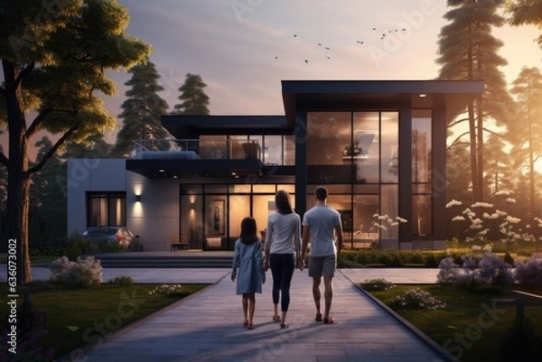 Fototapeta happy young family on the background of a modern new house