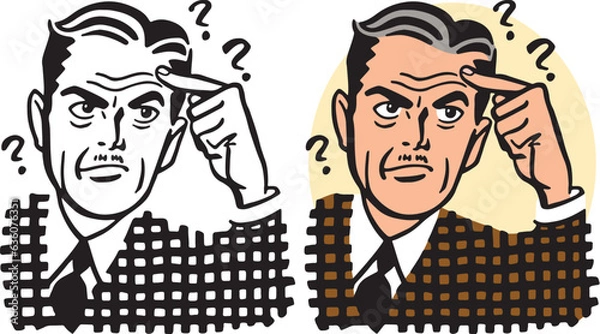 Obraz A vintage retro cartoon of a man thinking and pondering a question. 