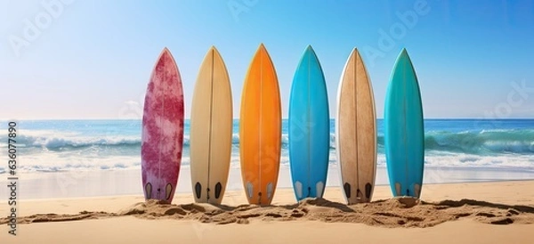 Fototapeta surfboards standing on the sand on the beach Generative AI