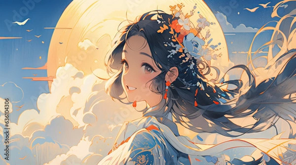 Fototapeta Mid-Autumn Festival poster, Chinese traditional festival Chang'e flying to the moon Mid-Autumn Festival illustration