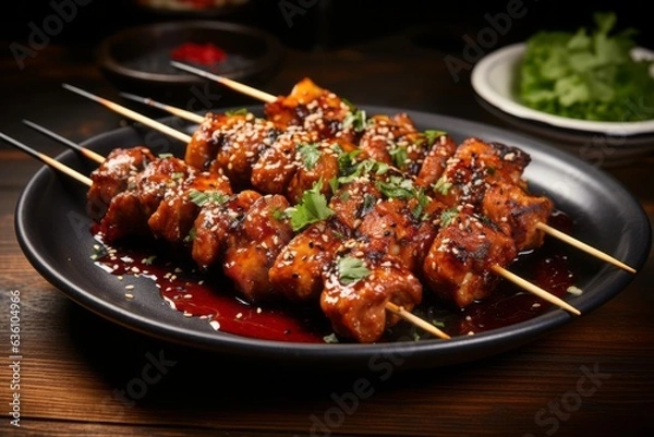 Fototapeta Mouthwatering Plate of Yakitori Skewers with Grilled Chicken and Savory Sauce, Generative AI