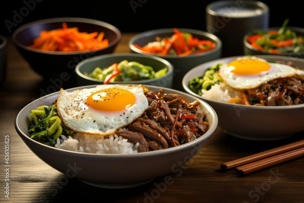 Fototapeta Mouthwatering Plate of Bibimbap (Mixed Rice with Sssorted Toppings), Generative AI
