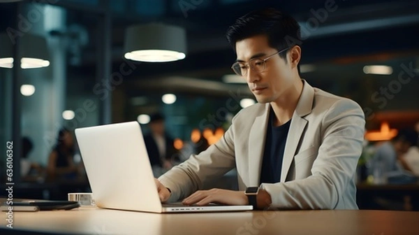 Obraz Young asian business man working with laptop computer in modern office.