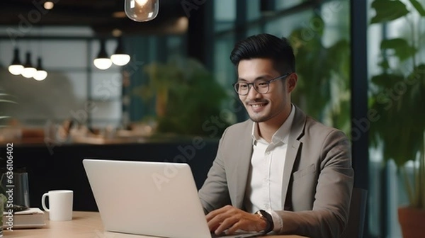 Obraz Young asian business man working with laptop computer in modern office.