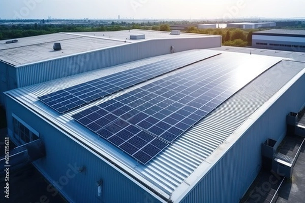 Obraz Warehouse roof with solar panels. Electricity saving and green energy concept.