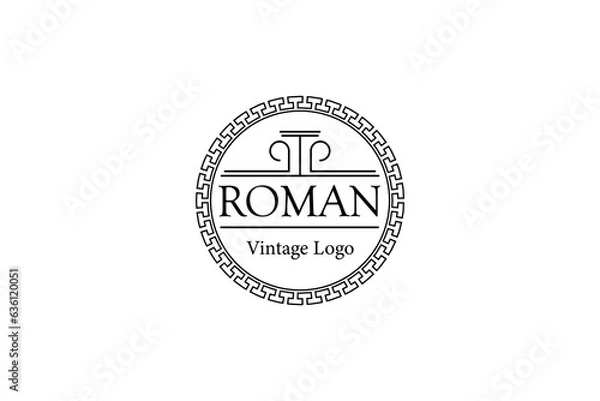 Fototapeta Roman pillars logo with vintage classic border motif circle frame