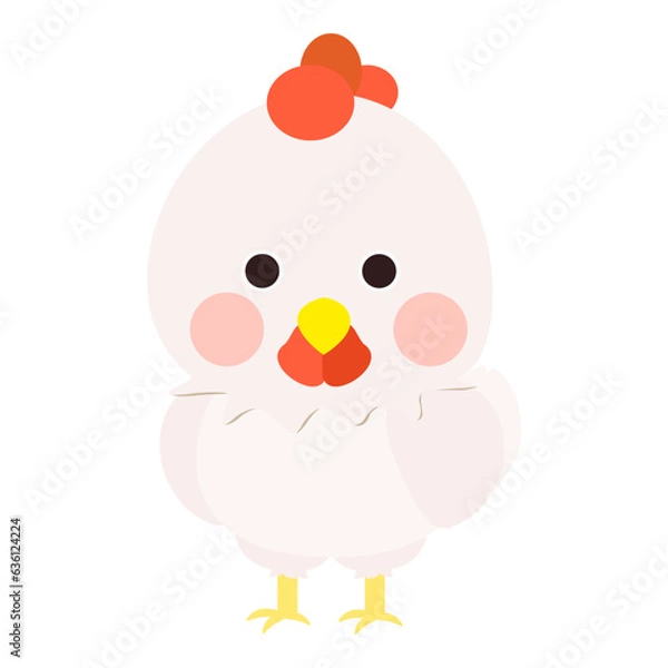 Obraz Cute little white chicken, full body, standing, front face. Isolated on white background, EPS10 vector