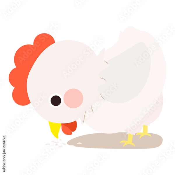 Obraz Cute little white chicken, full body, standing, looking down and pecking, side face. Isolated on white background, EPS10 vector