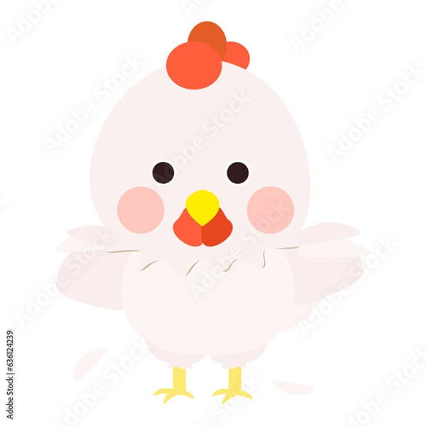 Obraz Cute little white chicken, full body, standing with hand raise, front face. Isolated on white background, EPS10 vector