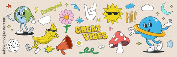 Obraz Set of groovy 70s characters and elements. vintage sticker collection, sun, flower, planet, earth, banana, mushroom, dice, cloud and abstract shape. vector illustration