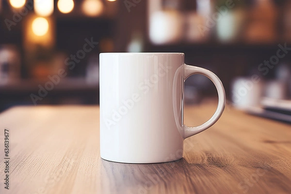 Fototapeta Close-up of a white mug with a handle mock-up, a cup standing on a wooden table inside the room