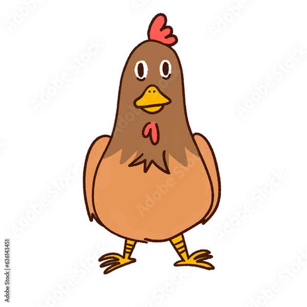 Fototapeta Funny brown hen, chicken, rooster hand drawing illustration isolated without background
