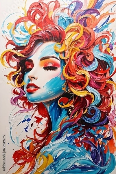 Fototapeta Vibrant woman's face painted in colorful paint on white background.