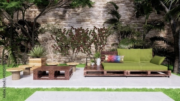 Fototapeta garden with simple wooden chair and table