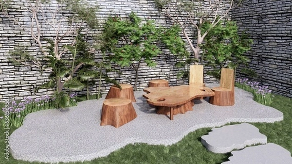 Fototapeta garden with natural wooden chair and table and tropical tree