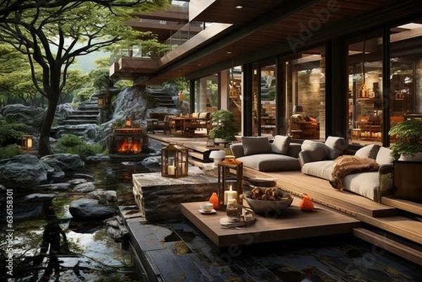 Fototapeta modern Chinese townhouse with a focus on creating a strong connection between indoor. Generated with AI