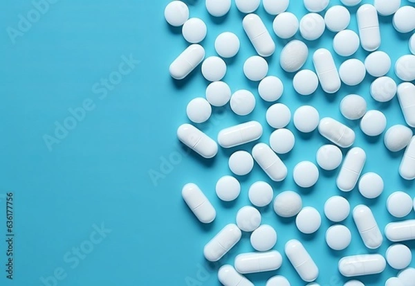 Fototapeta Different pills on color background, flat lay