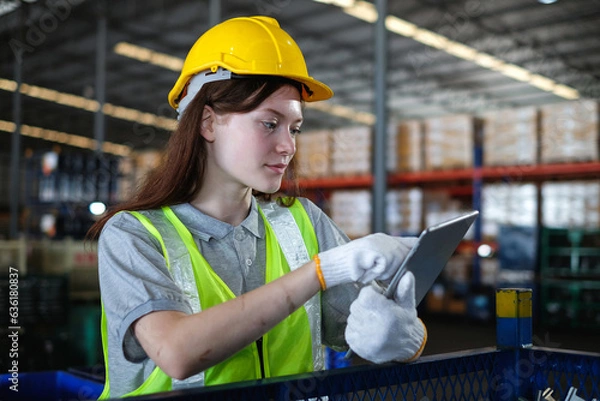 Fototapeta Female industrial engineer using tablet to inspect auto spare parts in the factory.Automobile industry and technology of warehouse.