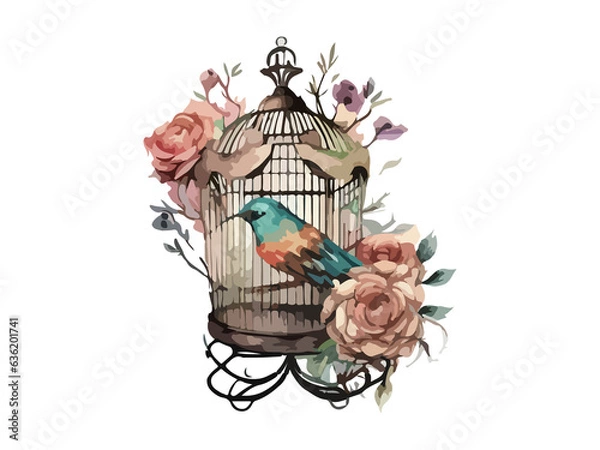 Obraz Flowered bird cage watercolor vector illustration, white background
