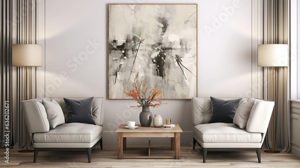 Fototapeta Stylish Living Room Interior Mockup, Modern Interior Design, 3D Render, 3D Illustration