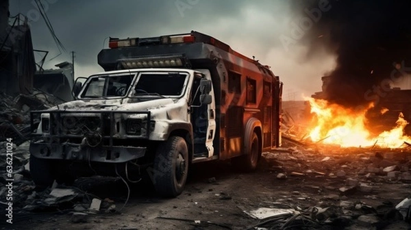 Obraz Burned Ambulance amidst Warzone City Devastation. Generative ai
