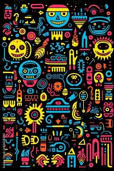 Fototapeta Vibrant Pop Art Patterns with Fun Shapes on Black Background. Generative ai