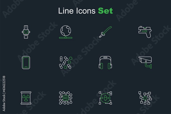 Fototapeta Set line Neural network, Blockchain technology Bitcoin, Radioactive waste barrel, Security camera, Headphones, Medical pill biohacking and Mobile icon. Vector