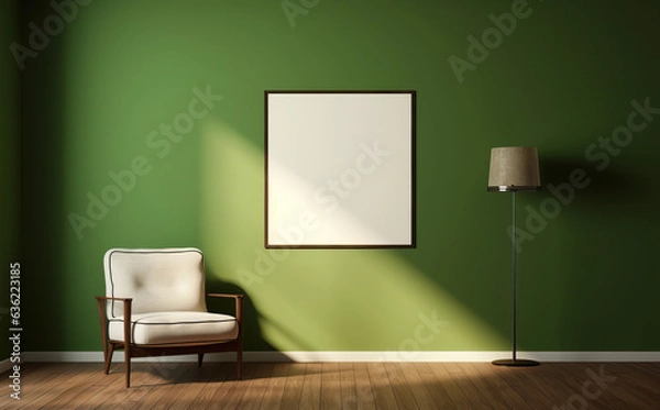 Fototapeta Interior of green living room with white armchair, lamp and empty poster. Mock up with frame