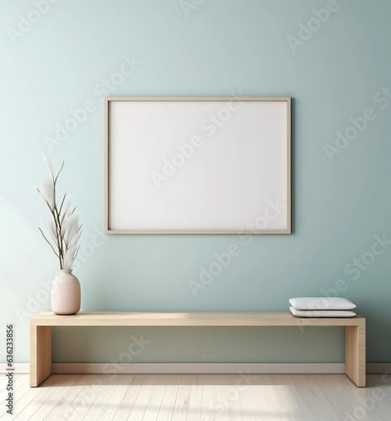 Fototapeta Minimalistic composition of sitting room interior with white mock up frame, wooden shelf, retro chair, rattan basket and elegant accessories. Design home decor. Template. Eucalyptus color concept.